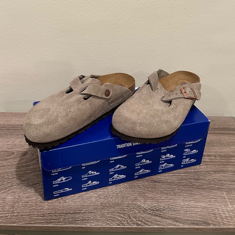 Classic Birkenstock Boston 36N Suede Taupe Soft Footbed - size 5.5/6 Narrow Fit